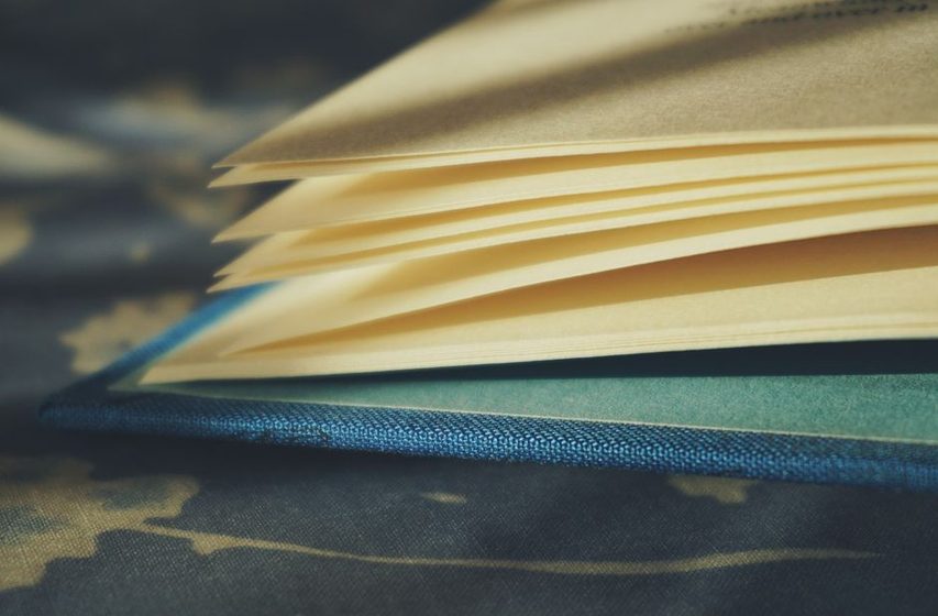 Detail of thread sewing at the head of a book spine